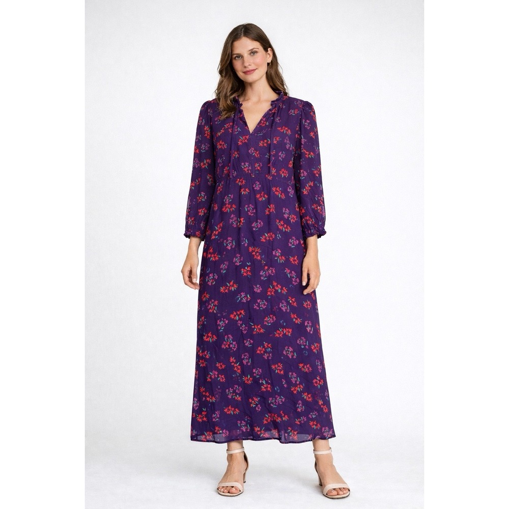 Calvin Klein Purple Floral Midi Dress Long Sleeve Sheer Overlay V-Neck A-Line